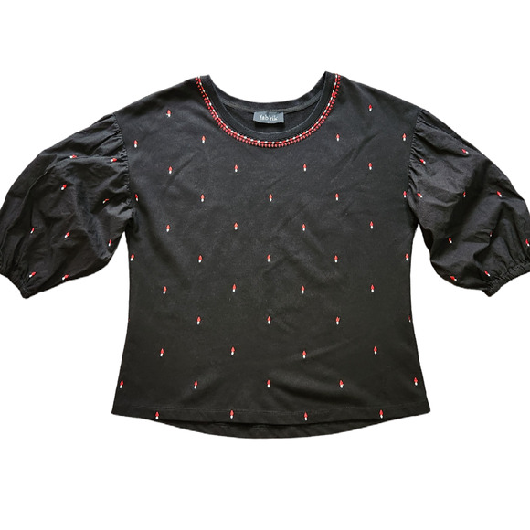 Fab'rik embroidered top puff sleeves black size S - Picture 1 of 8